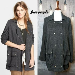 Free People notch lapel slouchy knit Shacket, pea coat, size Large, gray & black